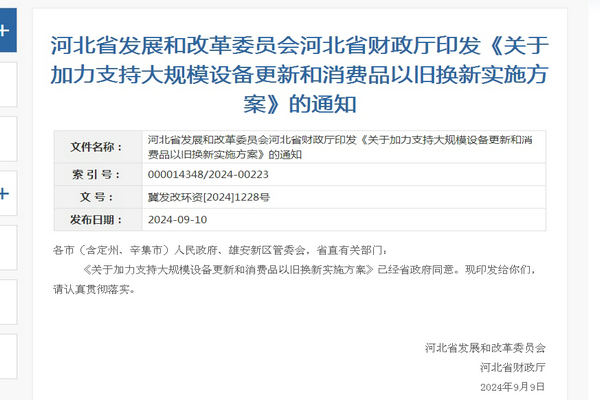 河北省《加力支持大規模設備更新和消費品以舊換新實施方案》發布
