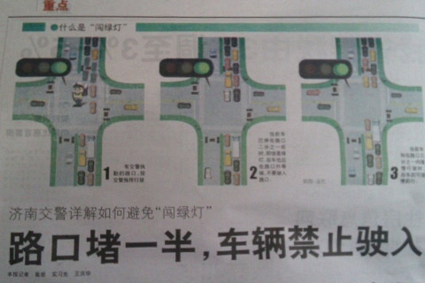 濟南交警詳解"闖綠燈" :路口堵車禁駛?cè)? width=